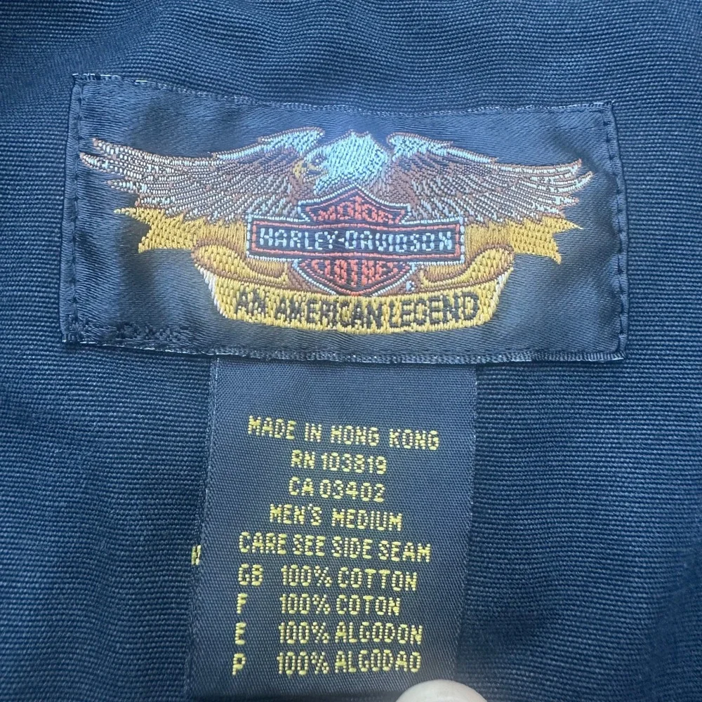 Vtg Harley-Davidson Mens Black Cotton Canvas Trucker Jacket Embroidered Logo M